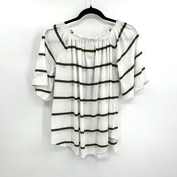 NWT CHASER White Olive Green Striped Off The Shoulder Bell Sleeve Top Medium - Picture 2 of 6